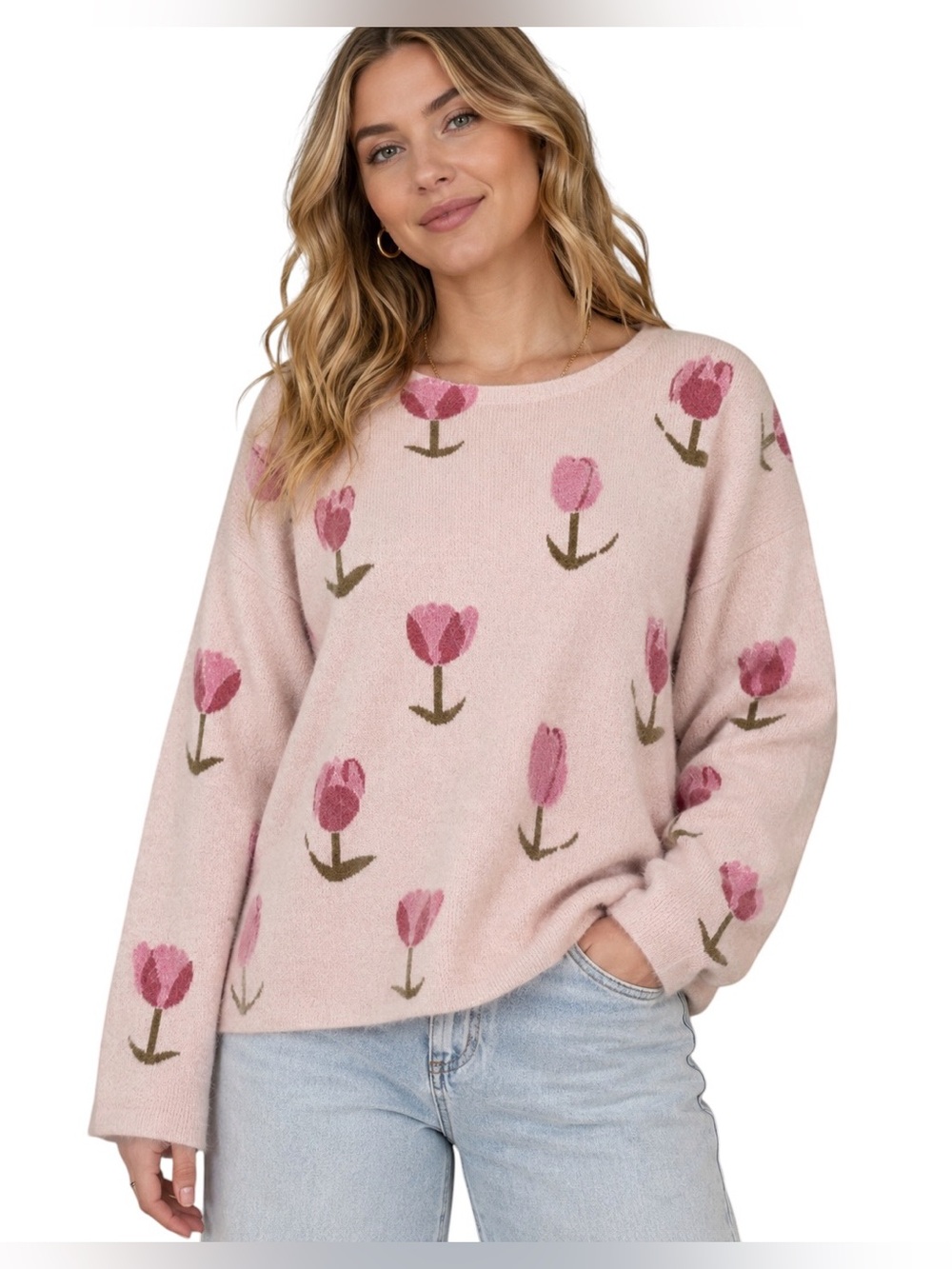 Tahari Tulip Print Sweater Pink Floral Knit Pullover Size 2X NWT